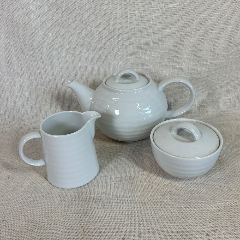 Crate & Barrel Spal White Ribbed Porcelain Tea Set Teapot Creamer Sugar Portugal